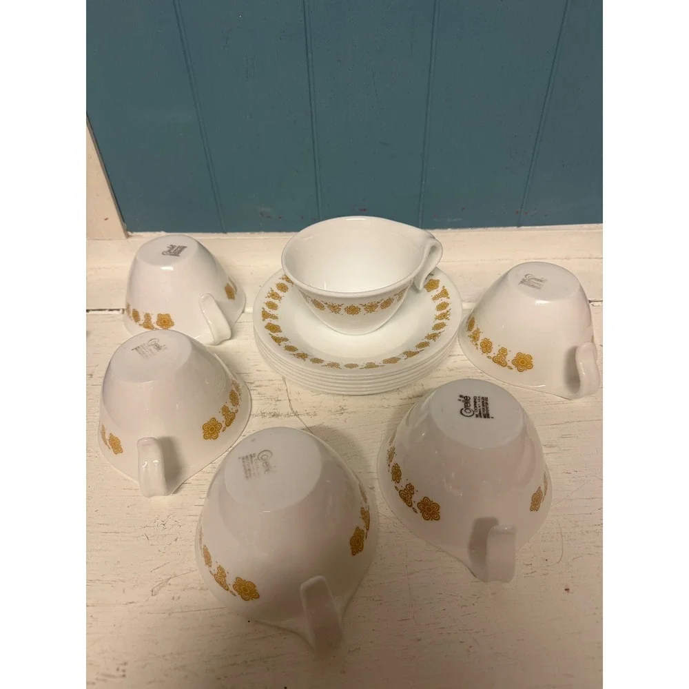 Corelle Butterfly Gold Tea Cups and Saucers Set of 6 Vintage‎ Corning Livingware